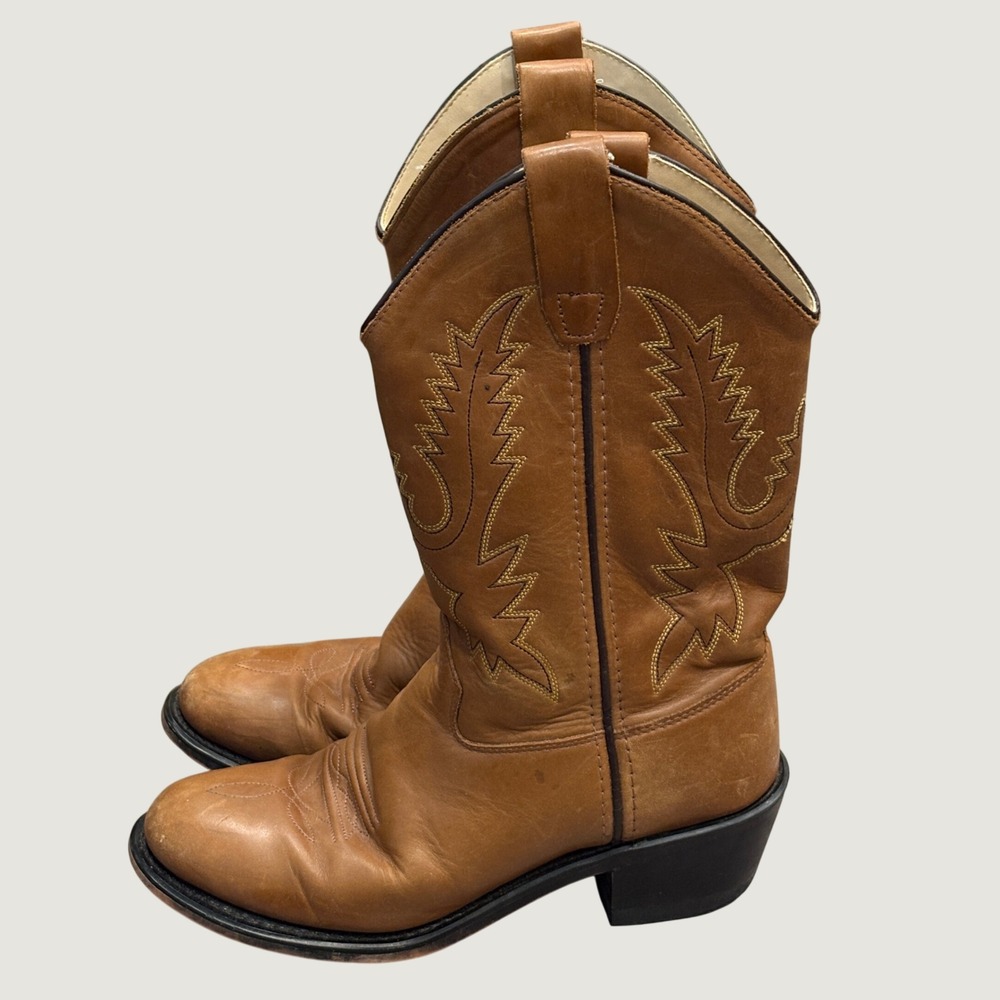 Old West Tan Leather Western Cowboy Boots Pointed Toe Boho Retro Costume 6.5-7